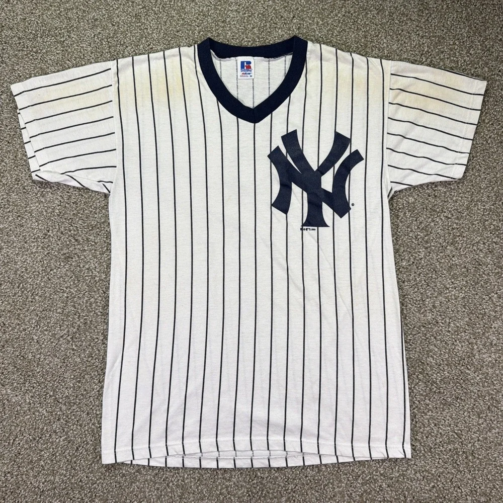 Vintage Yankees Pinstripe Shirt Russell Athletic Medium 90s Classic